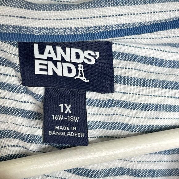 Lands’ End Shirt Dress Blue White Stripe Button Up Collared 100% Linen Womens 1X - Picture 7 of 10